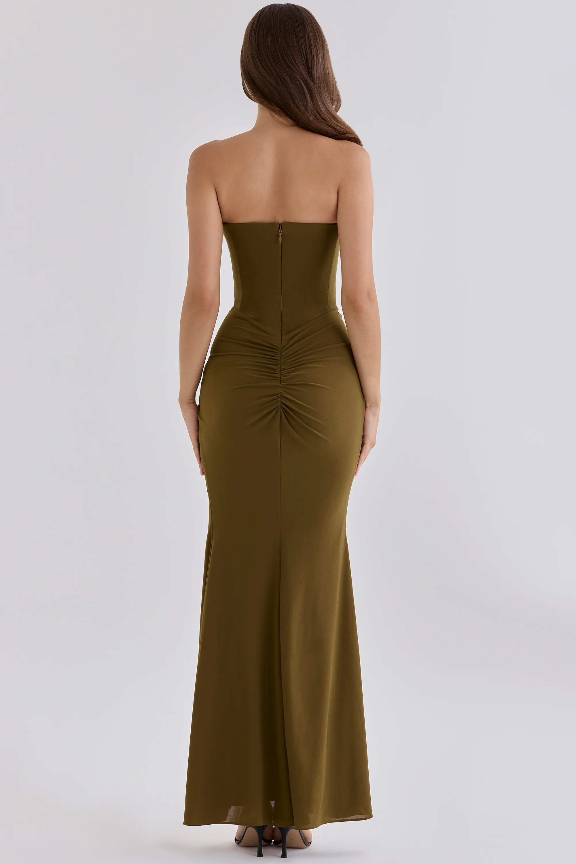 Olive Crepe Strapless Maxi Dress With Detachable Cape