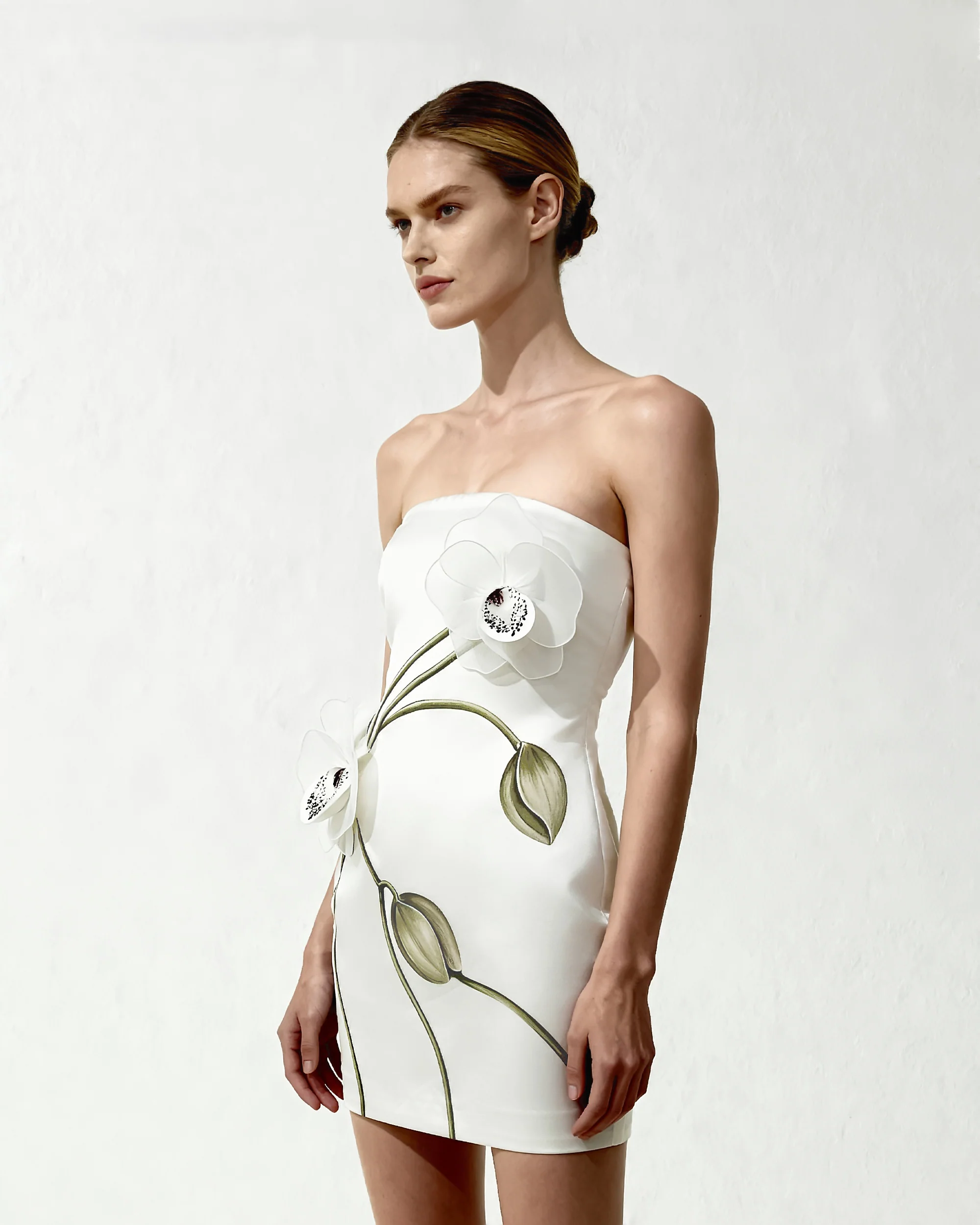 Orchid Appliqué Strapless Dress - White - FASHION NOB