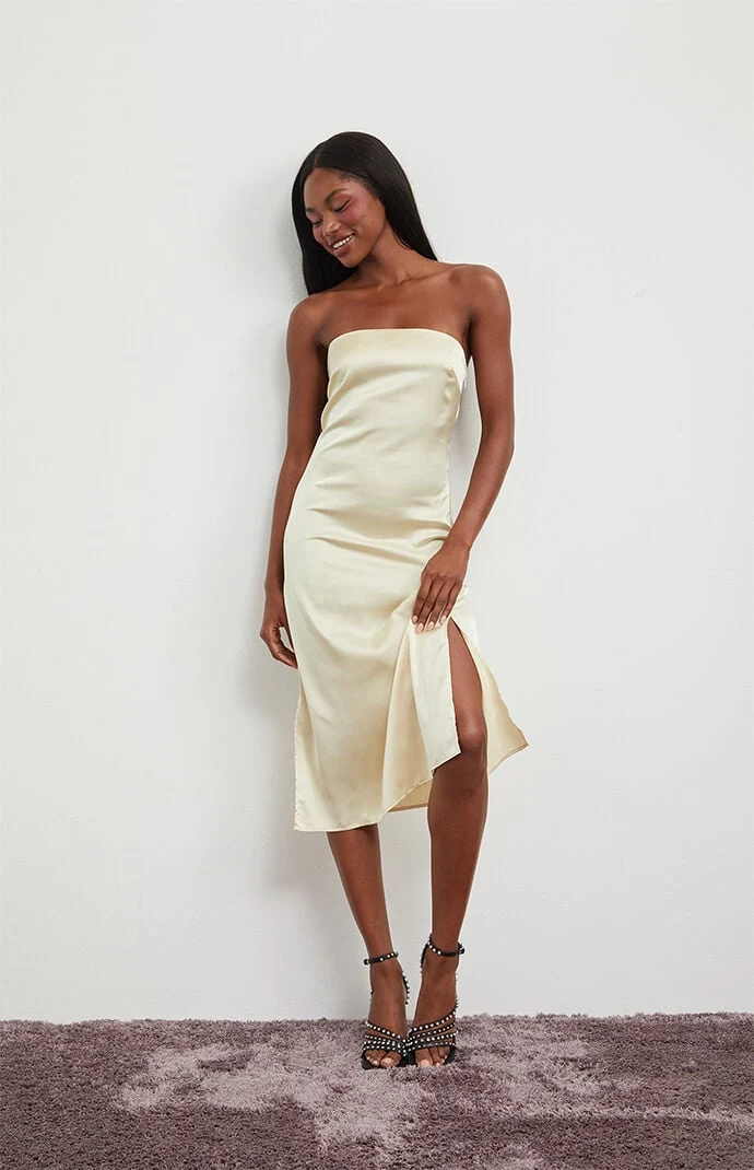 Beverly and Beck Strapless Satin Midi Dress