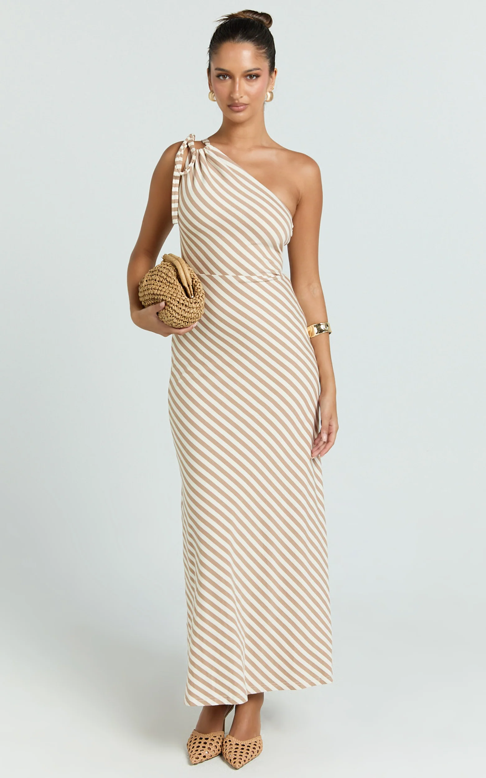 Dora Midi Dress - One Shoulder Dress in Beige