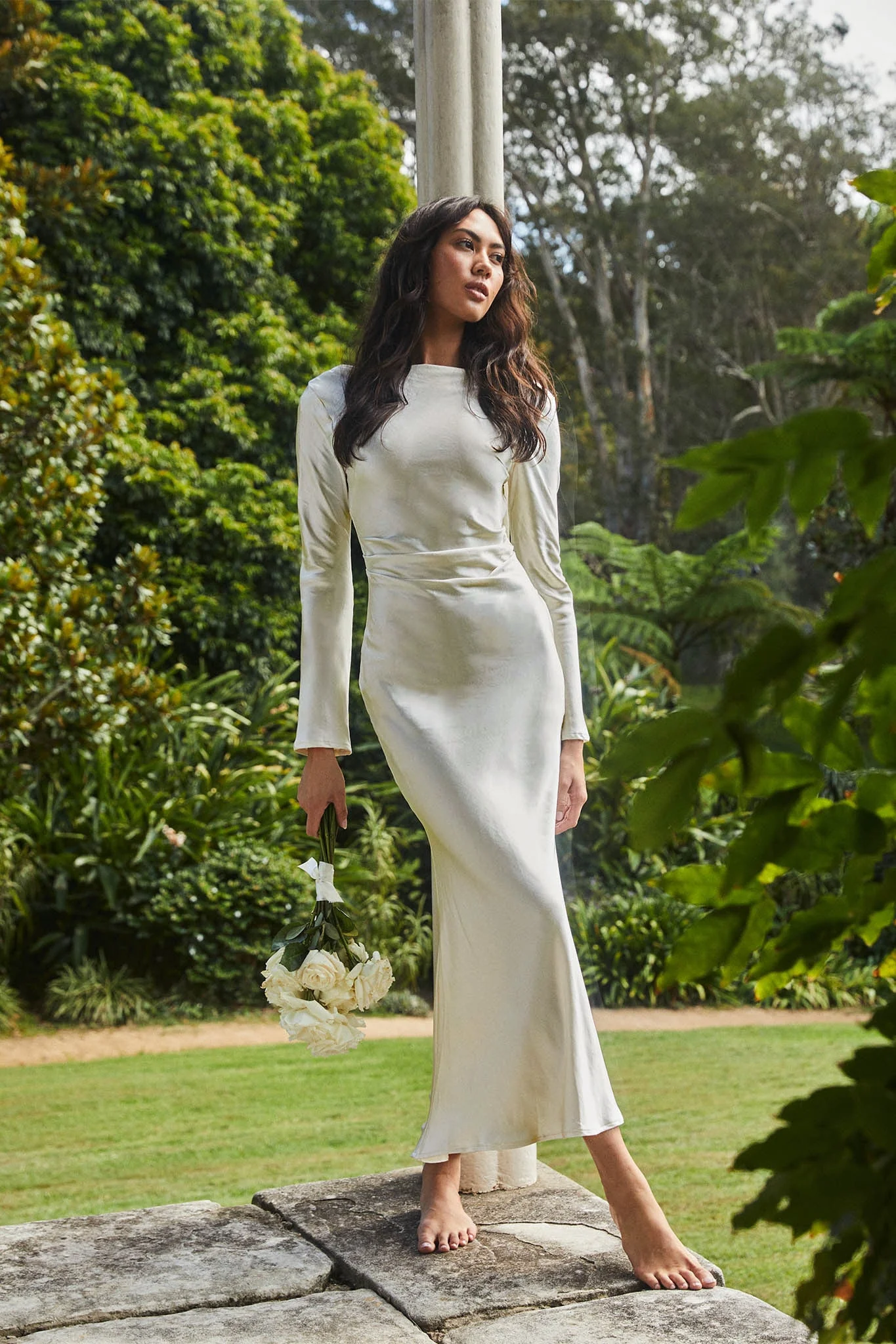 Loveland Cowl Back Midi Dress Oyster - elegeleges