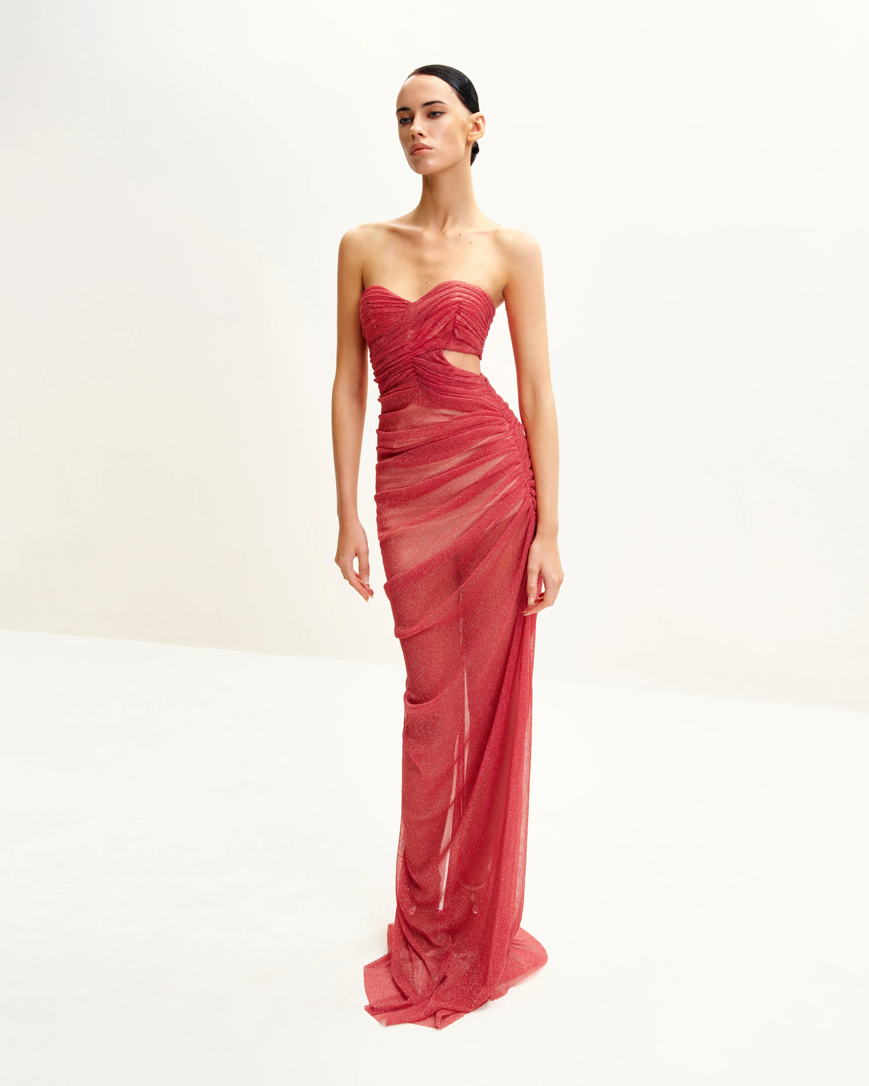 Mia Strapless Sheer Glitter Gown - Scarlet - FASHION NOB
