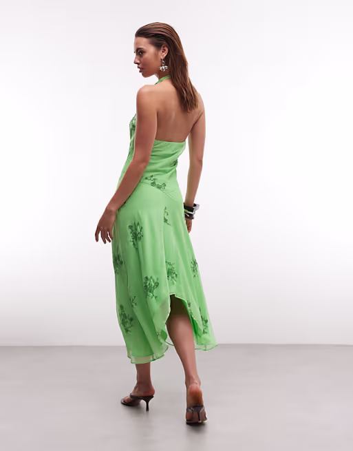 Reclaimed Vintage Limited Edition halter neck midi dress with scarf detail and embroidery in green