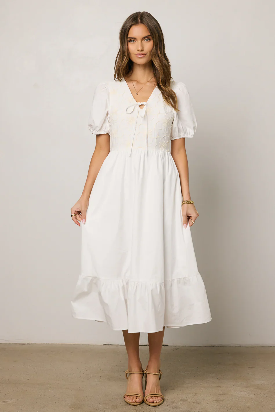 Jozette Floral Midi Dress in Off White