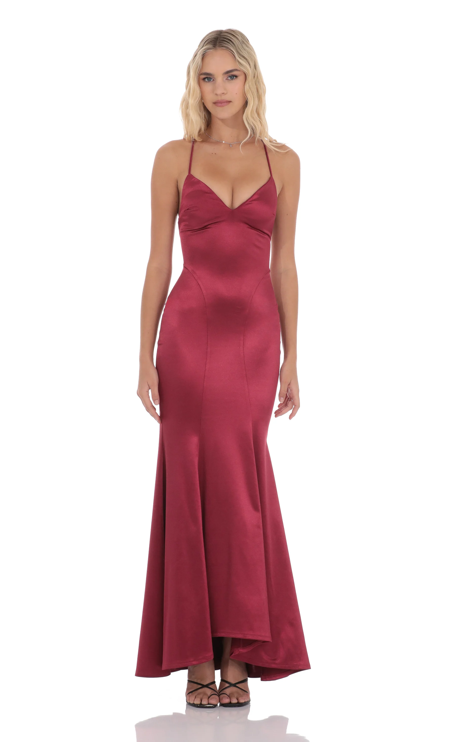 Satin Open Back Mermaid Maxi Dress in Maroon