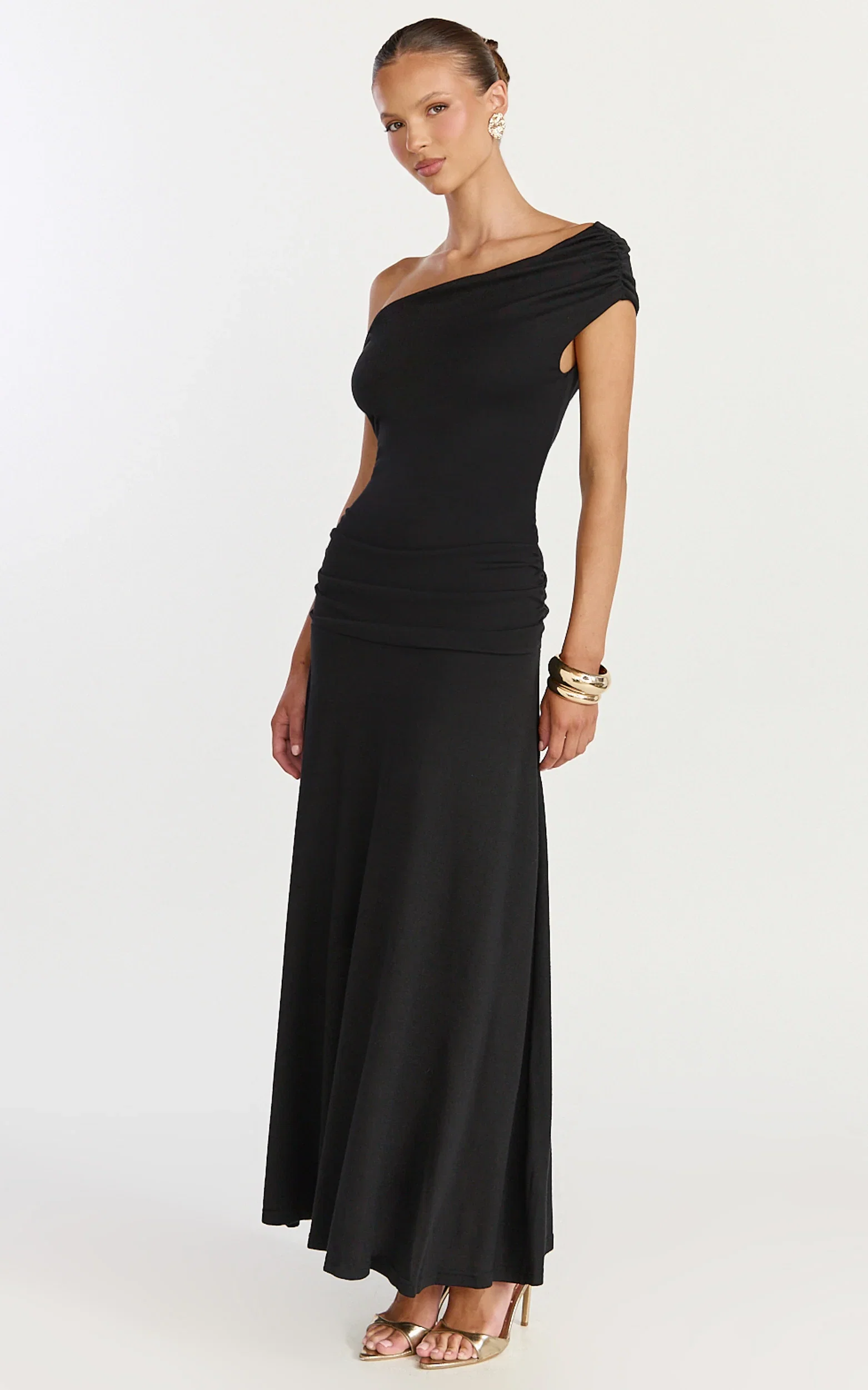 Ophelia Maxi Dress - Off Shoulder Ruched Fit And Flare Dress in Black