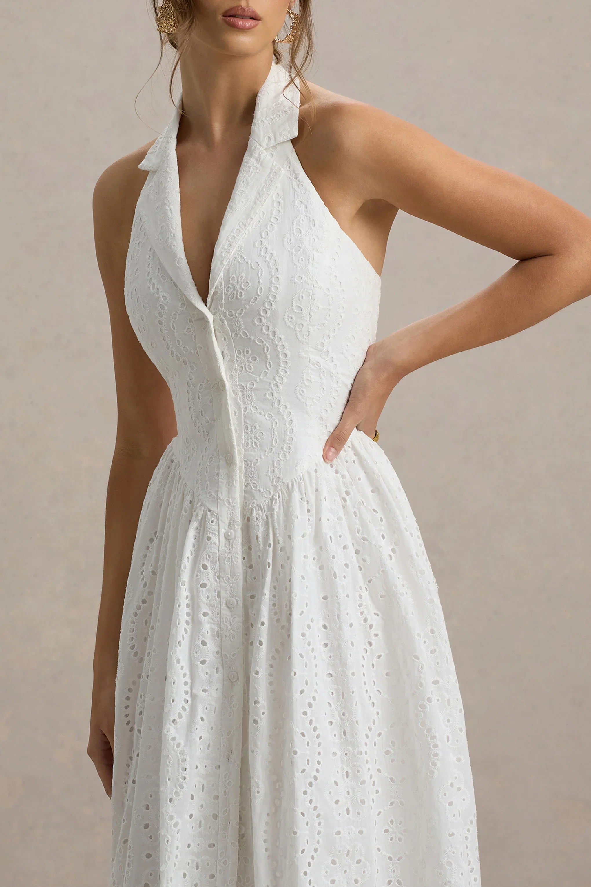 Jezebel | White Lace Plunge-Neck Collared Midi Dress - luluinthesky