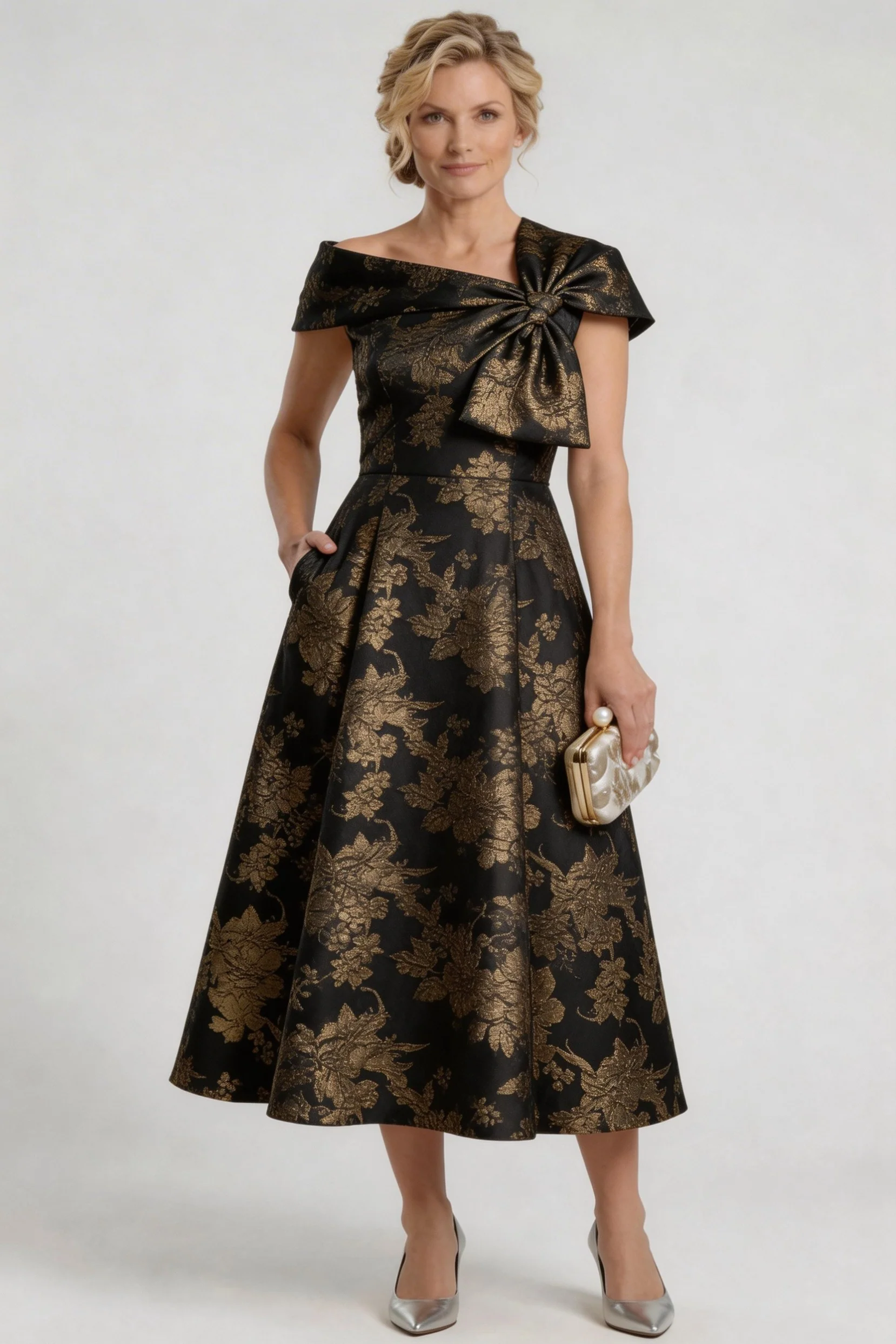 A-Line Tea Length Jacquard Mother of the Bride Dress CM0413