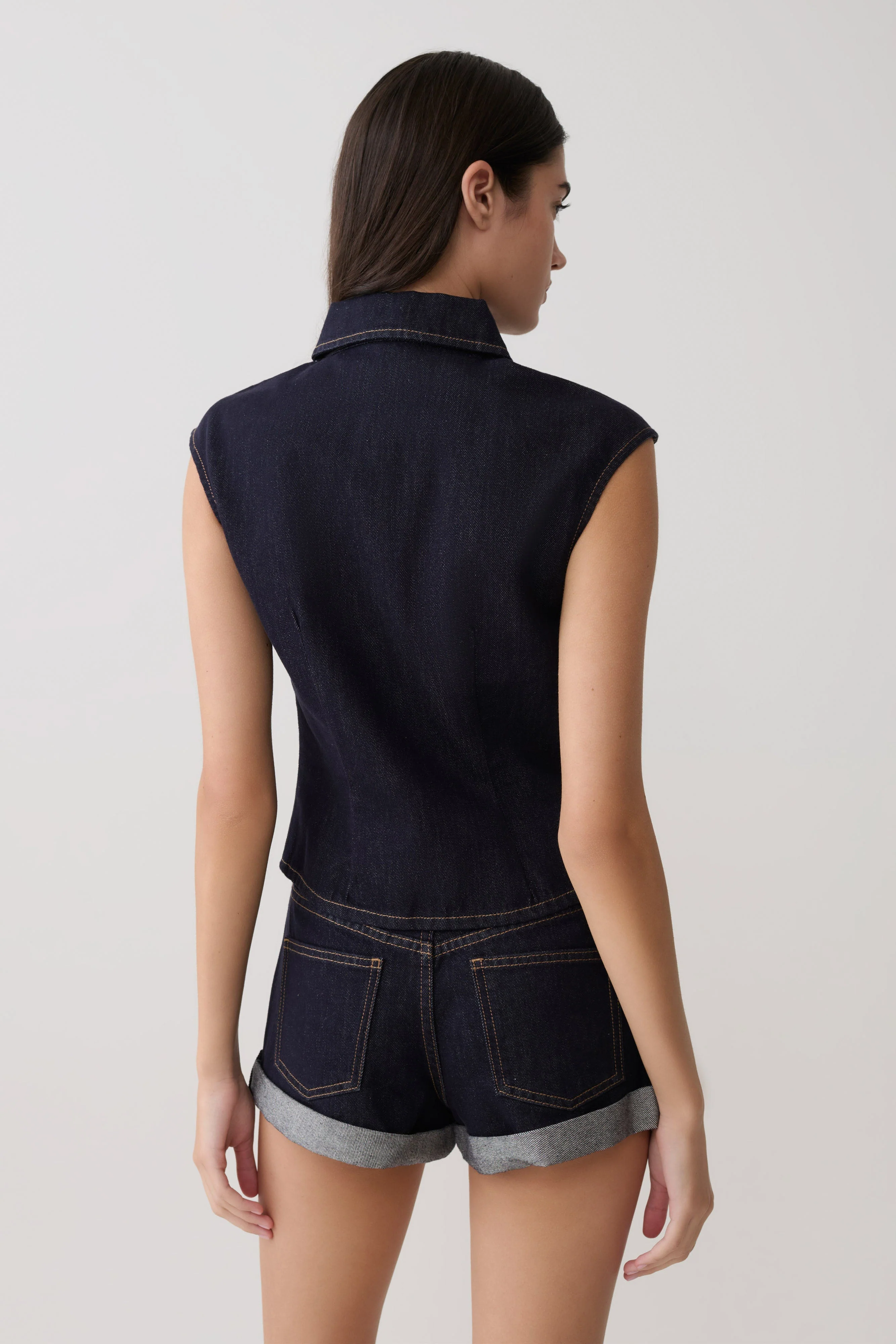 Jeremy Collared Denim Longline Top - Washed Indigo Blue