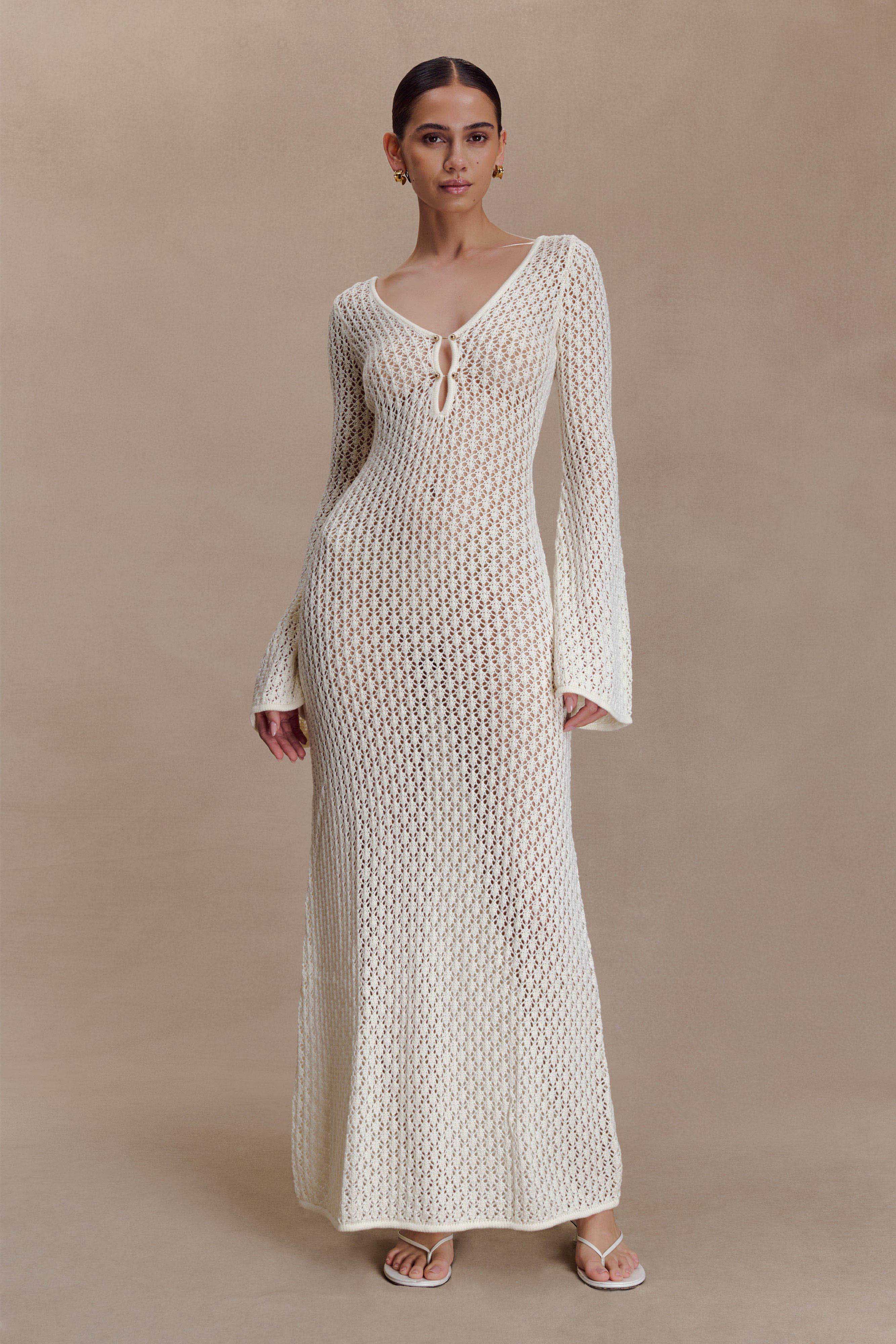 Kayleigh Crochet Fishtail Flare Sleeve Maxi Dress - White