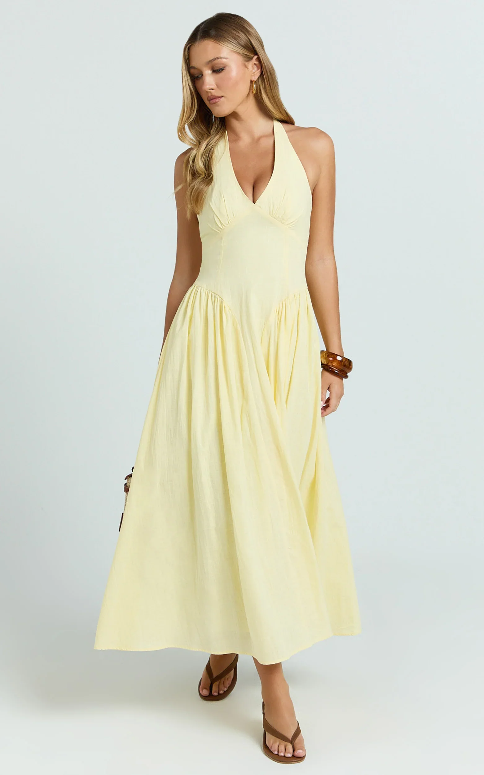 Athena Midi Dress - Halter Drop Waist Dress in Lemon