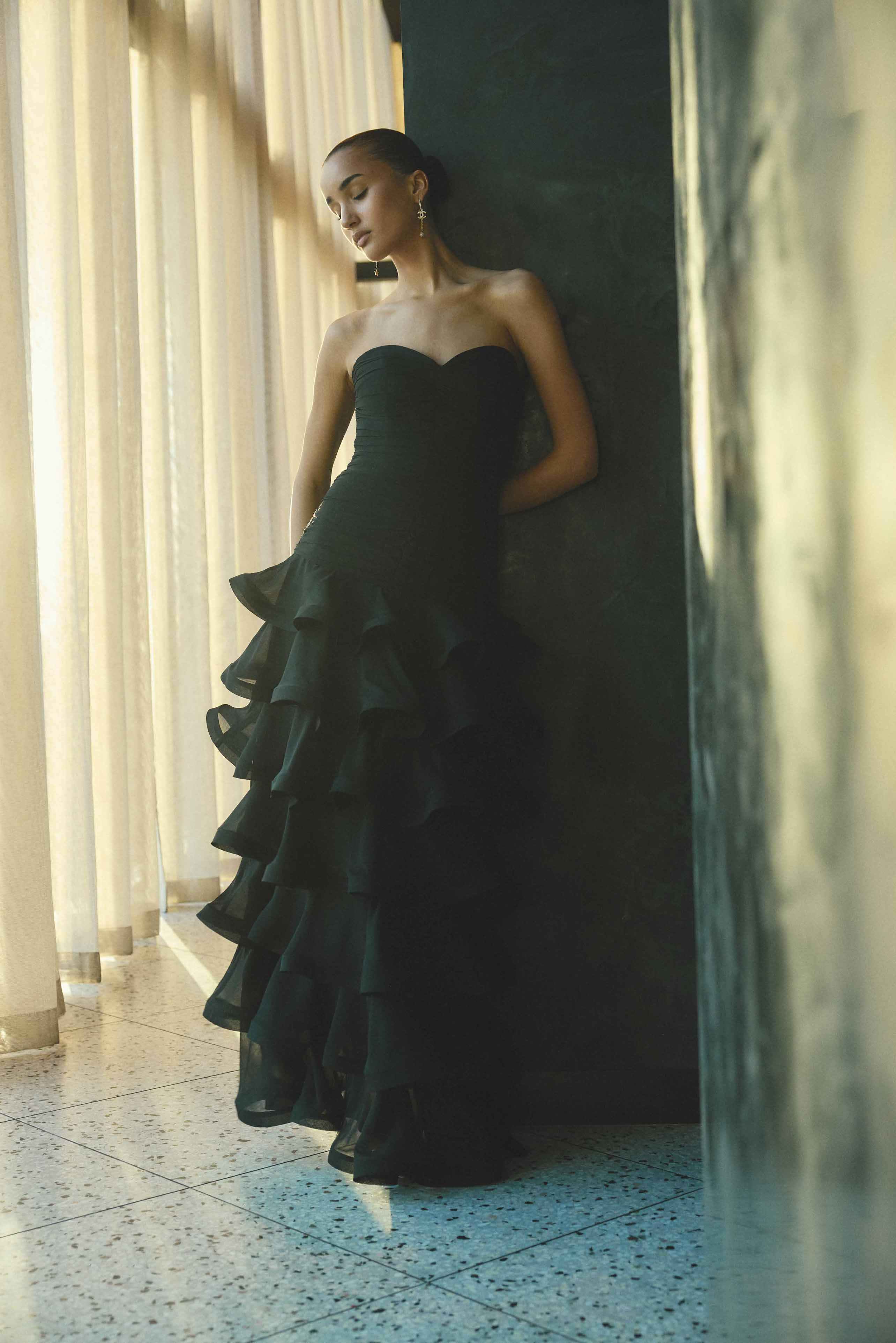 Evelin Tiered Gown in Black
