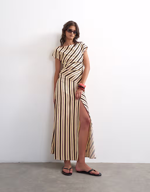 Topshop linen rich fallen shoulder midaxi dress in natural stripes