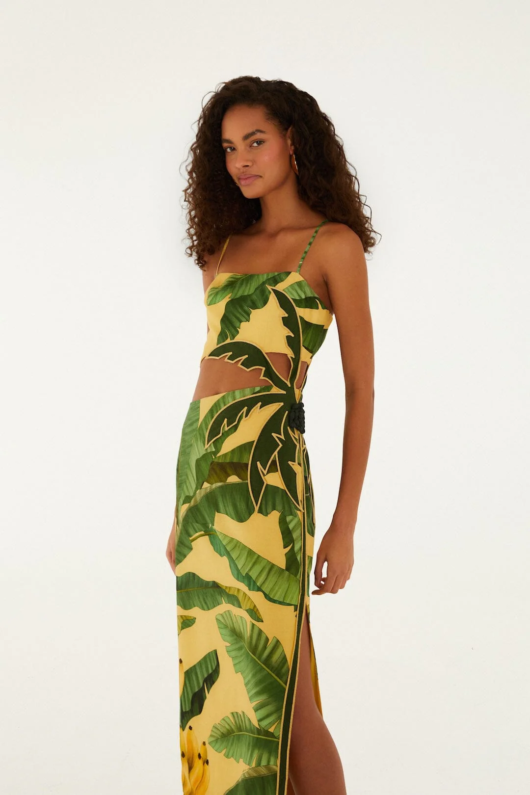 Soft Yellow 3D Banana Leaves Maxi Dress