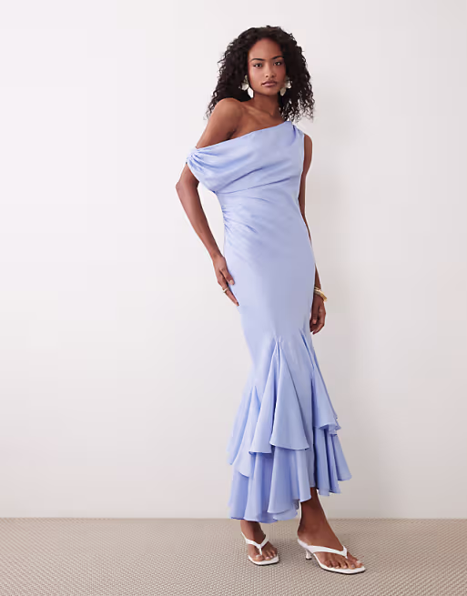 fallen shoulder midaxi dress with asymmetric godet hem in blue