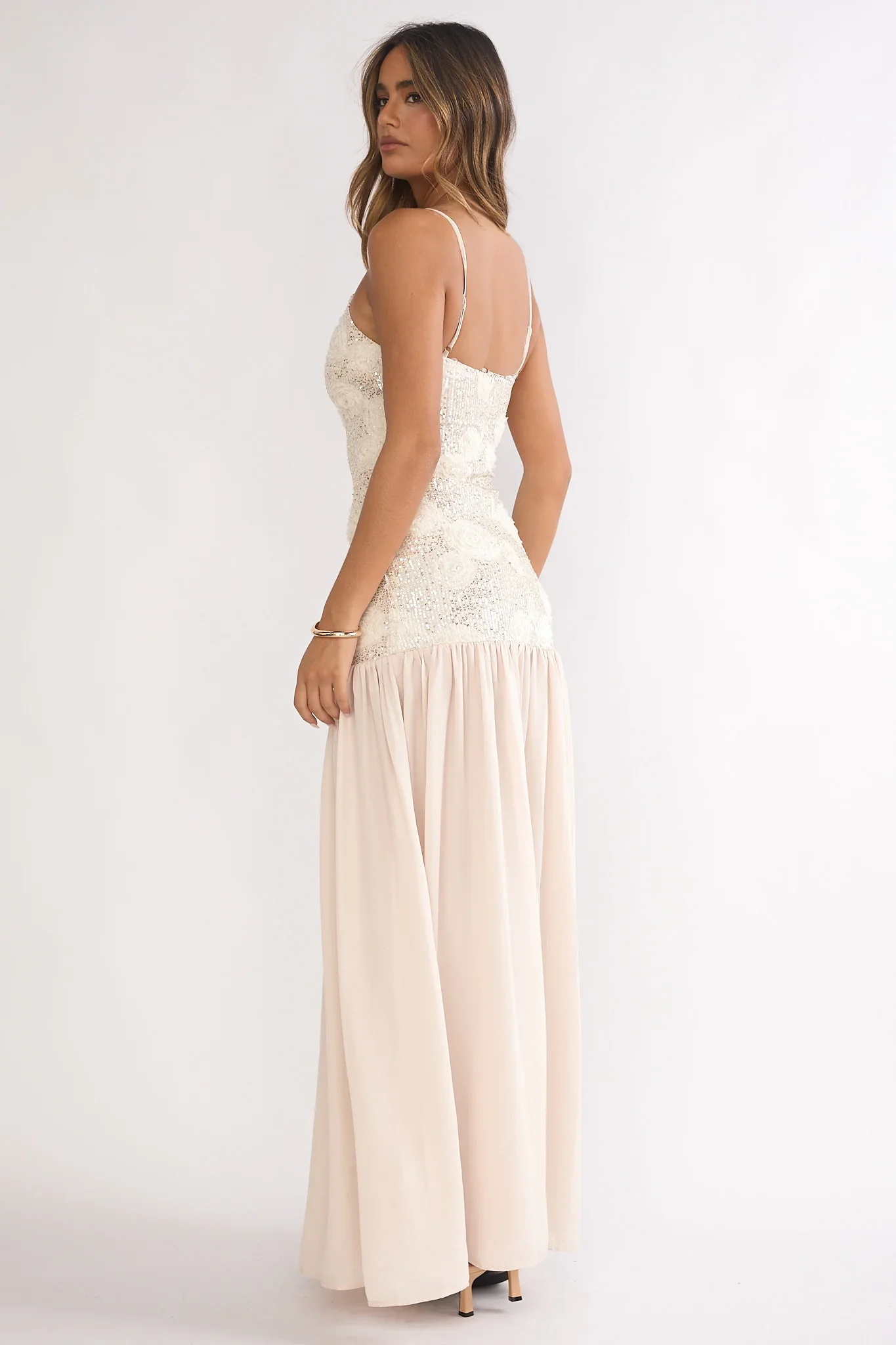 Opheliane Drop Waist Sequin Maxi Dress Champagne - luluinthesky