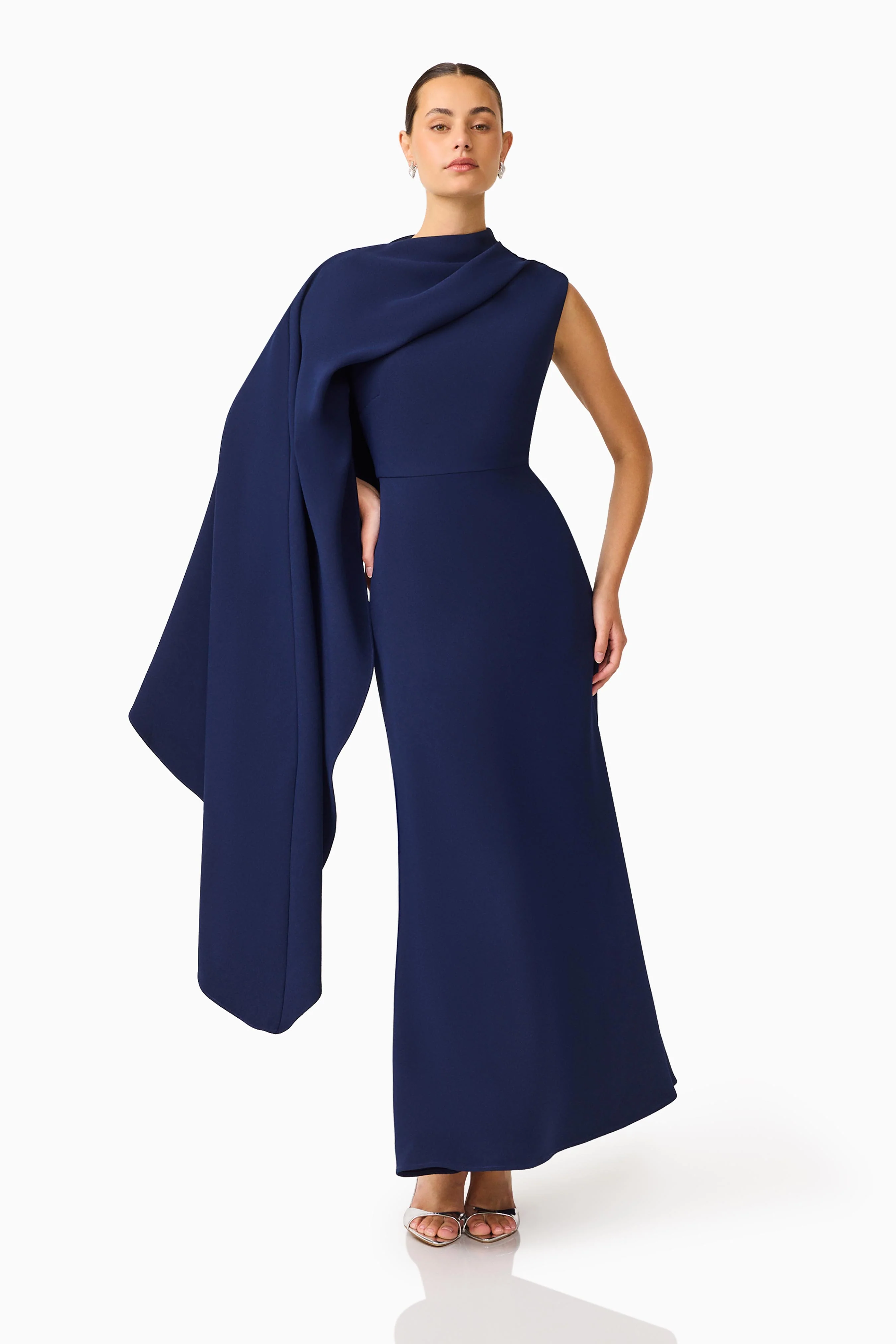 Leonara Asymmetric Cape Maxi Dress in Deep Navy