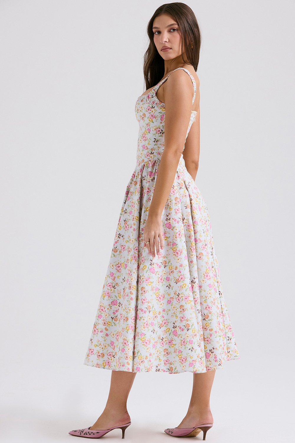 Pale Blue Meadow Print Cotton Midi Sundress