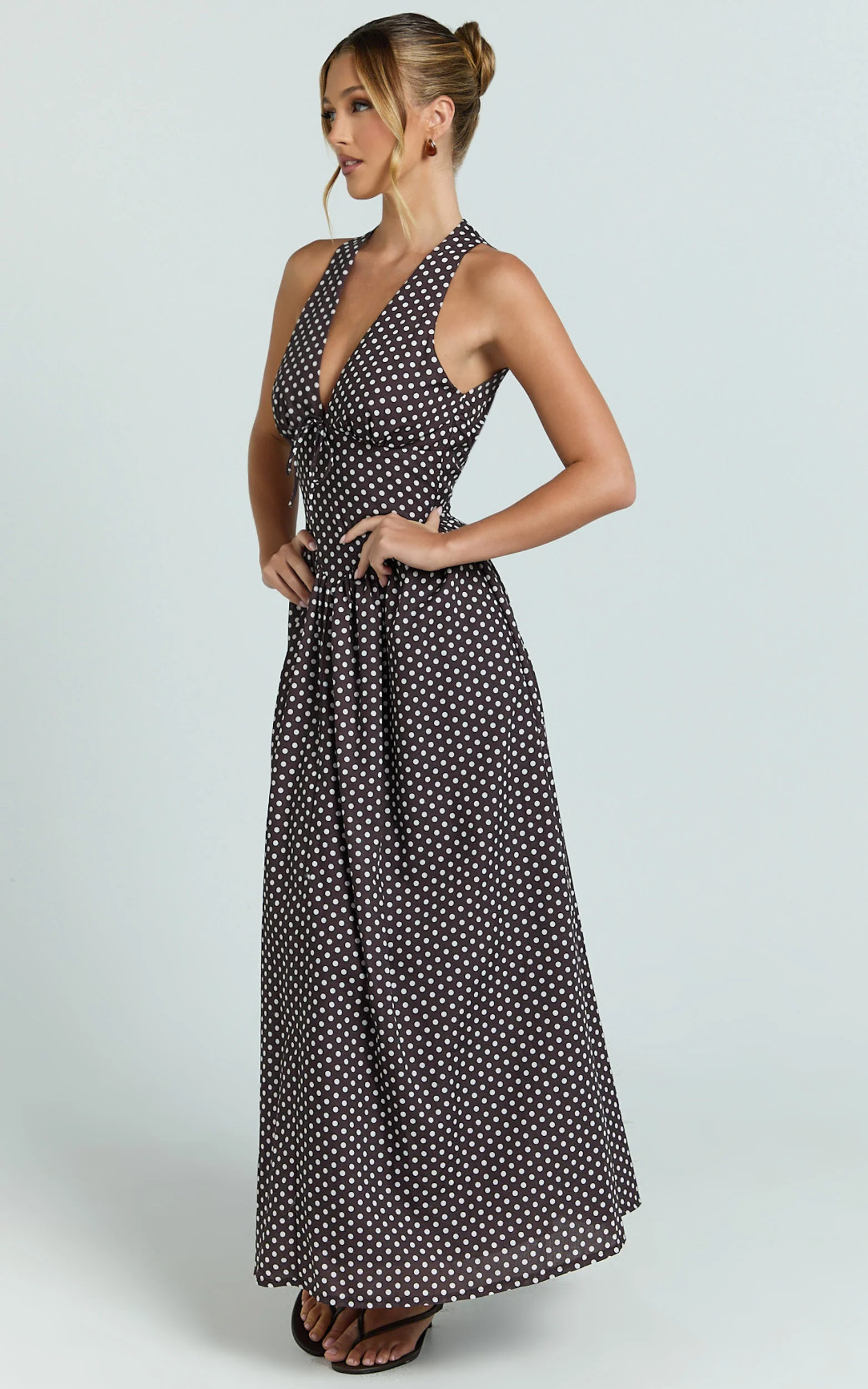 Abby Midi Dress - Neckline Dress in Chocolate Polkadot
