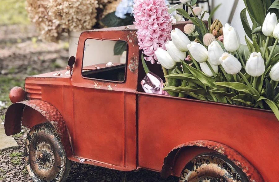 HUGE *48 Inch* Distressed Metal Red Truck with Trailer