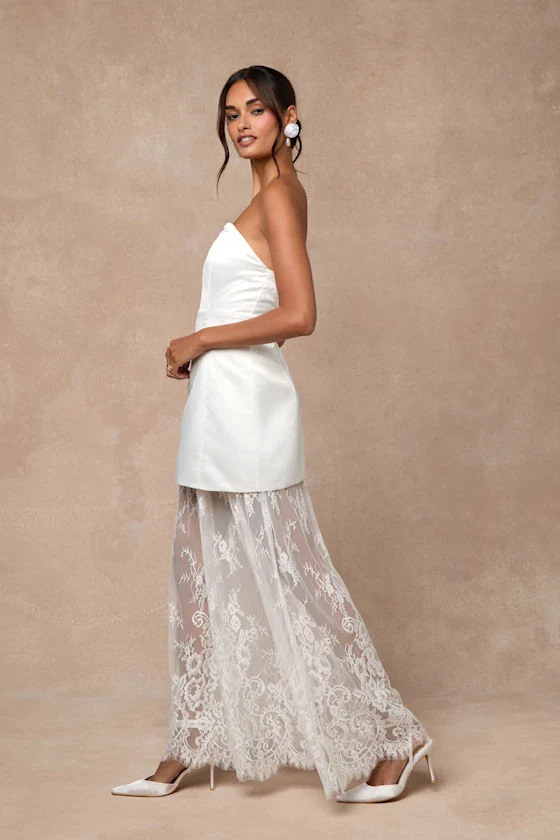 Winslet White Satin Sheer Hem Strapless Maxi Dress