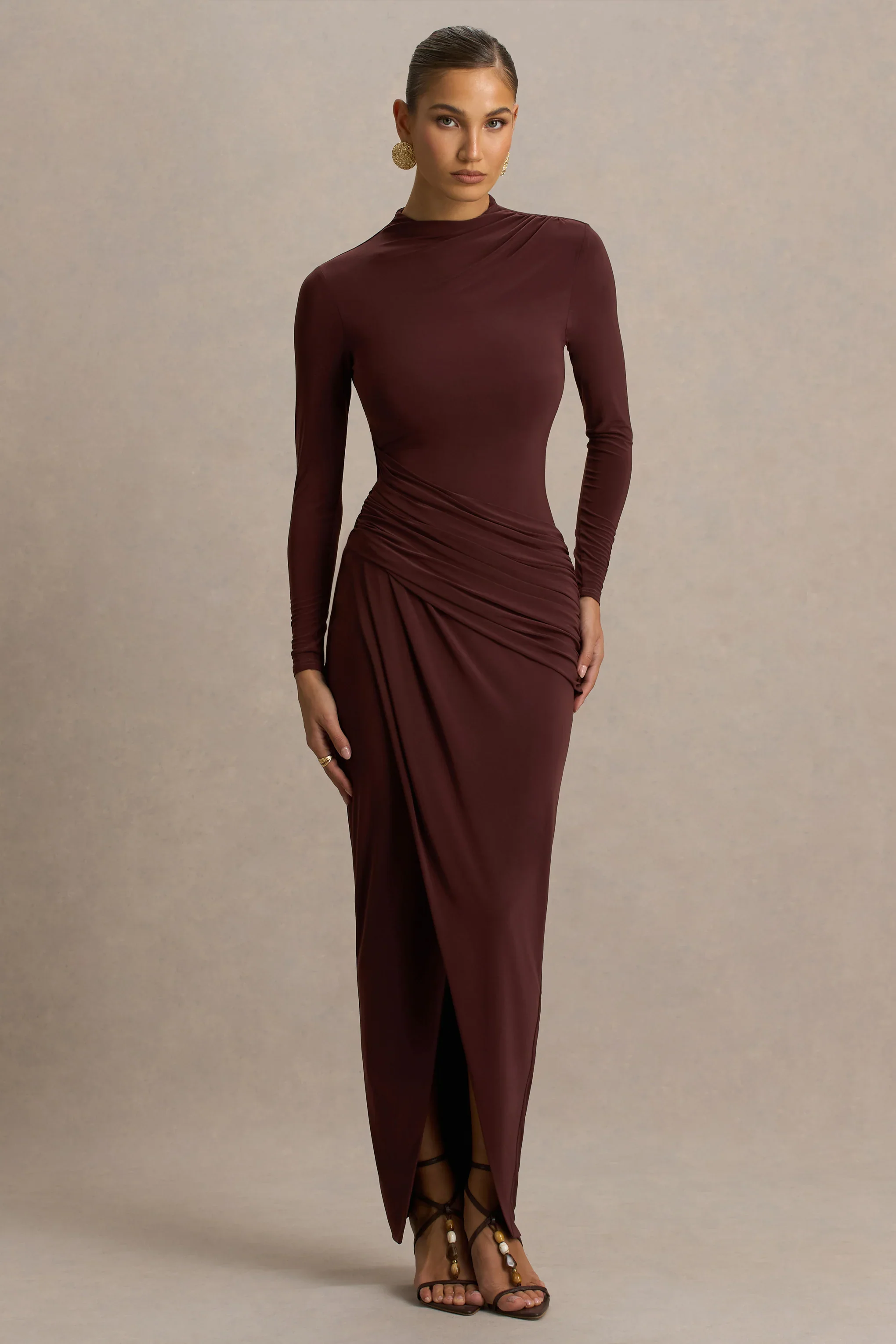 Zephyra | Brown High-Neck Wrapped Maxi Dress