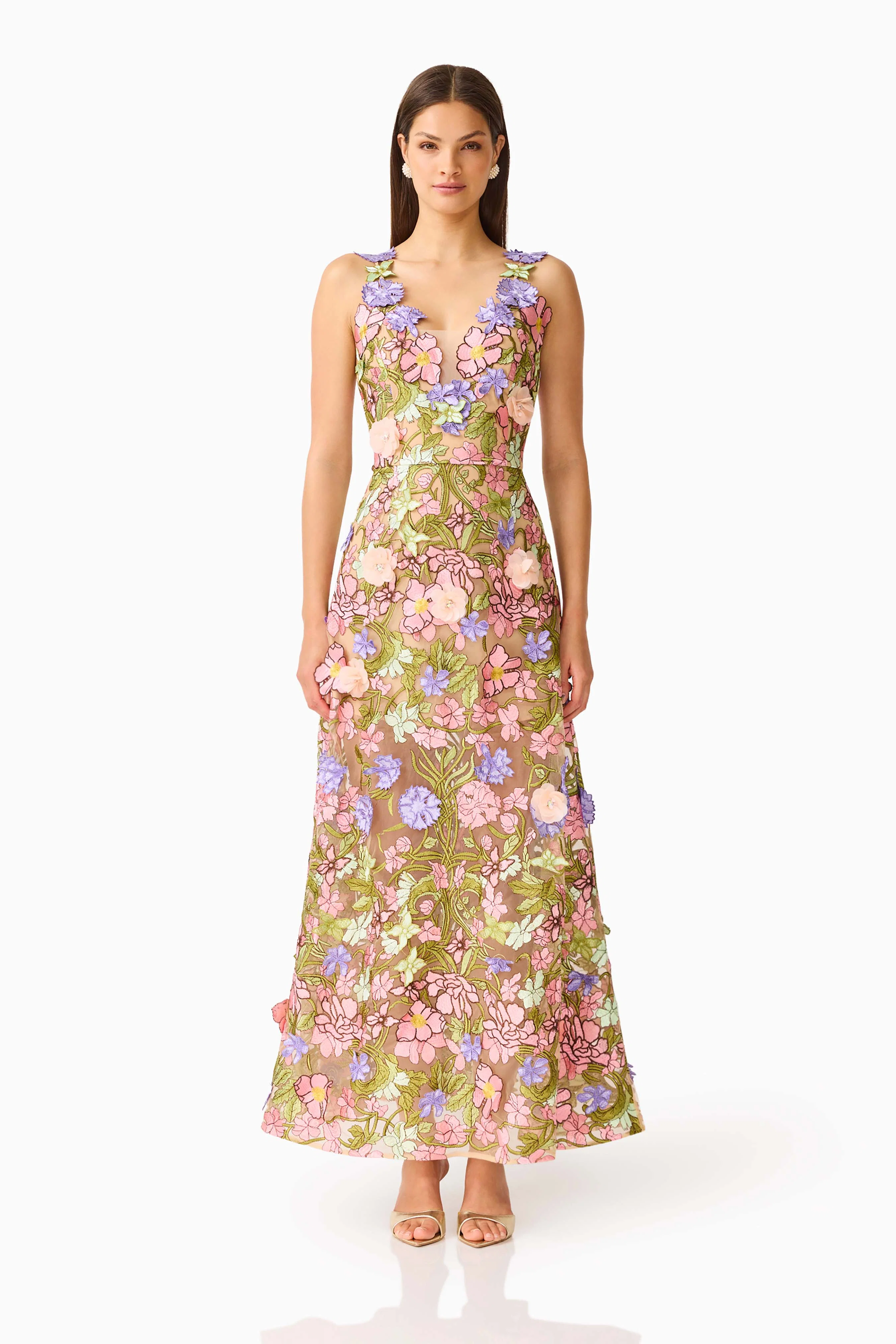 Fiora A-Line Gown in Green & Pink Floral
