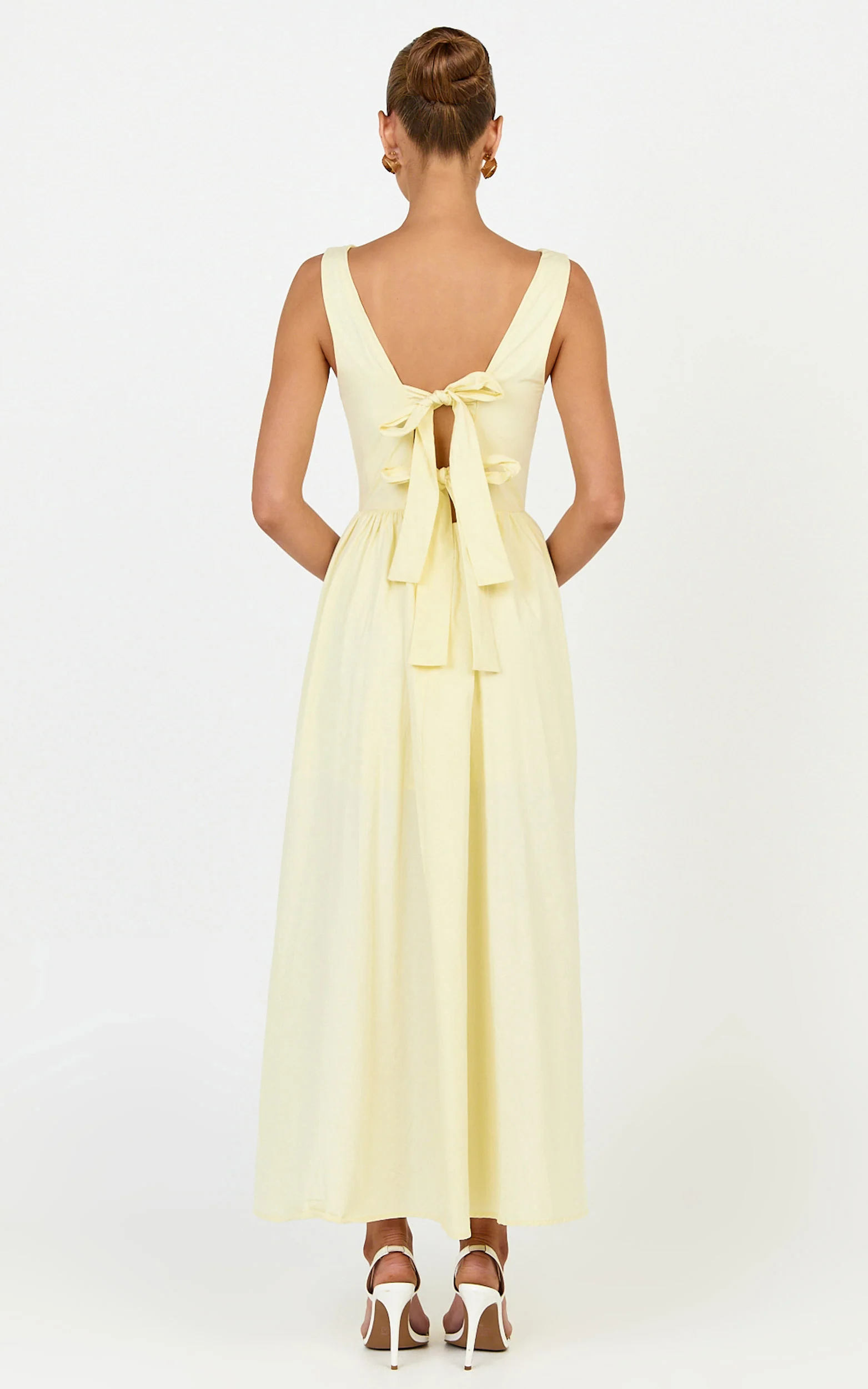 Casina Midi Dress - Boat Neck Tie Back Fit And Flare Dress in Yellow