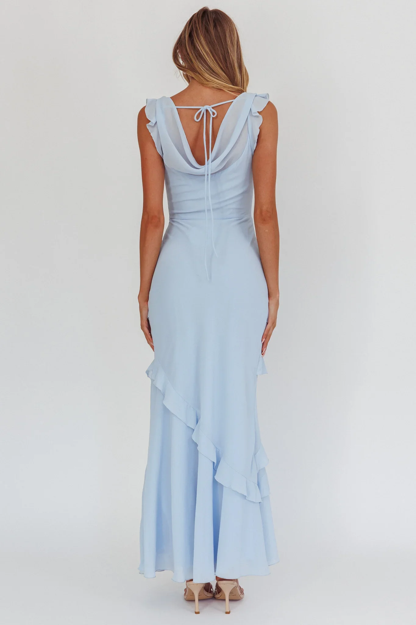 Ethereal Cowl Neck Tiered Ruffle Maxi Dress Blue