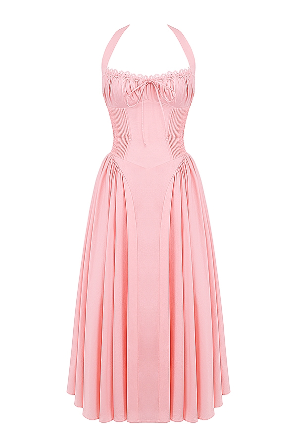 Rose Pink Cotton Halter Midi Sundress