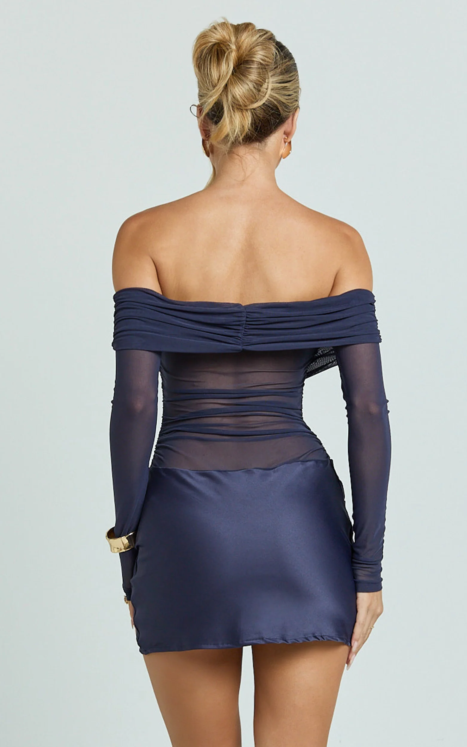 Jade Mini Dress - Long Sleeve Off Shoulder Draped Bias Cut Dress in Ink