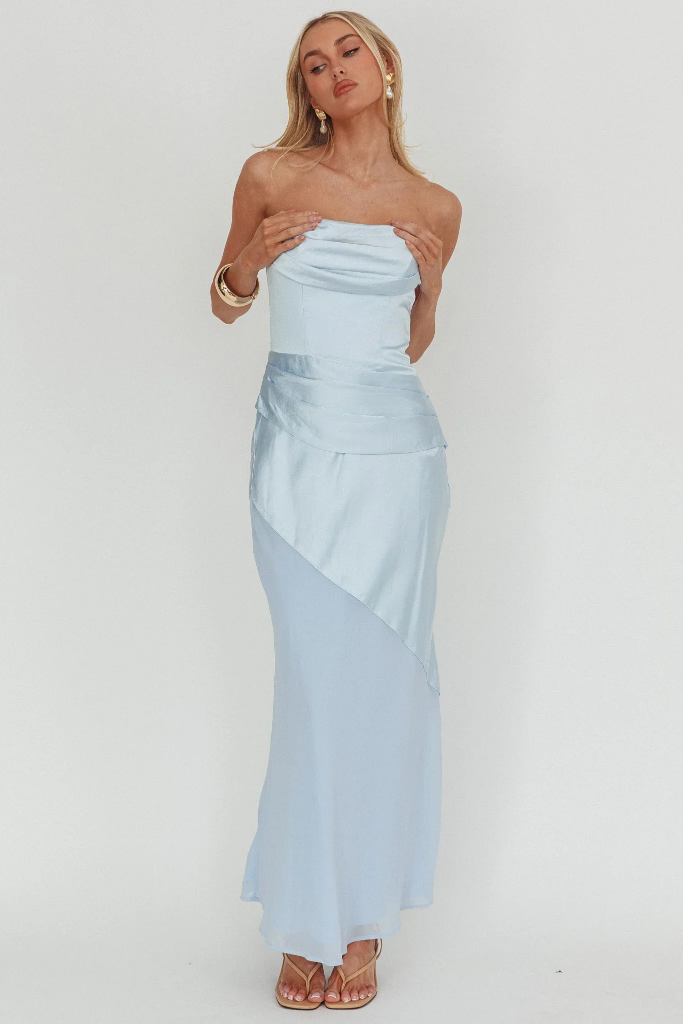 Moon Aura Pleat Detail Strapless Maxi Dress Blue