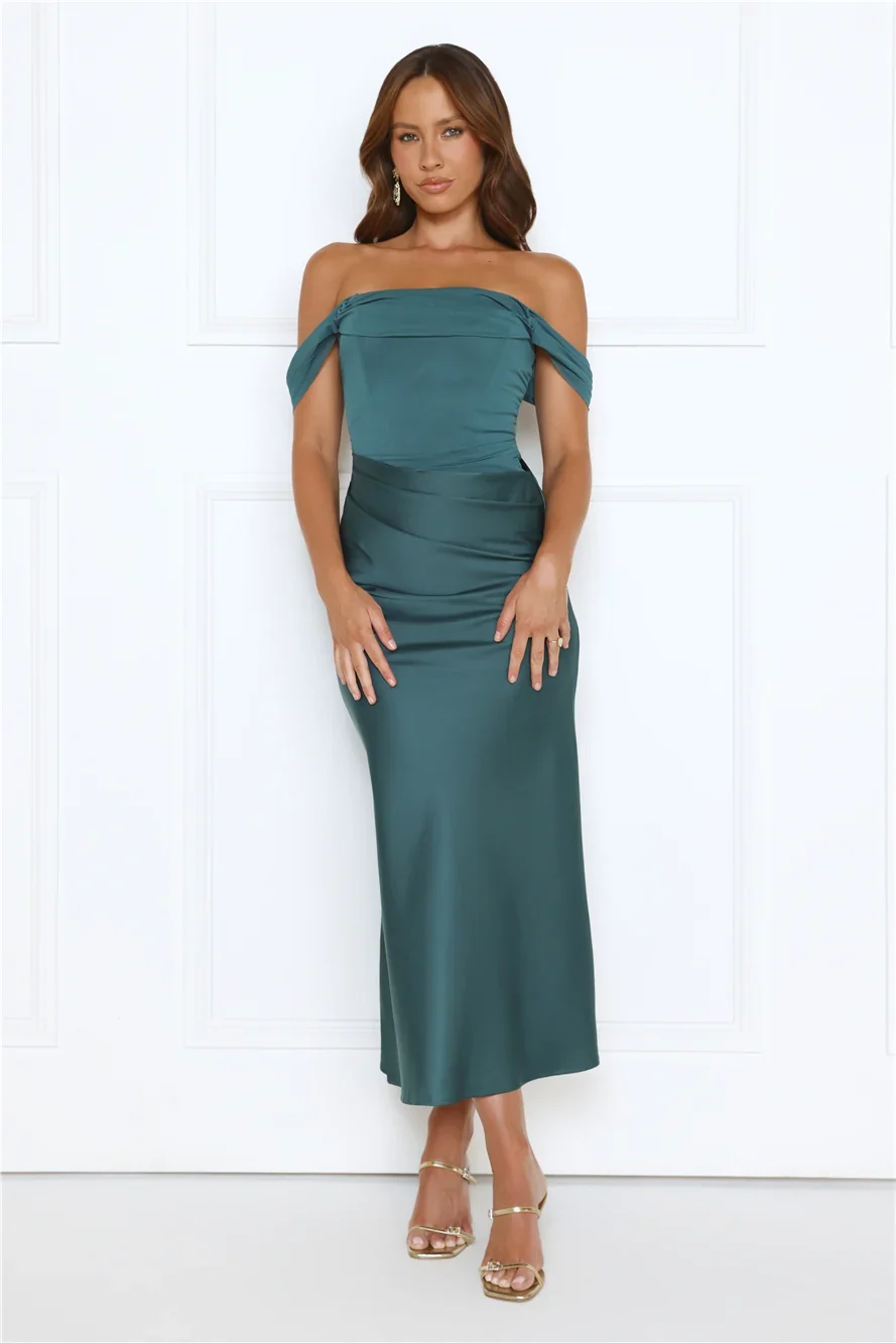Out Tonight Edit Off Shoulder Mesh Satin Maxi Dress Teal