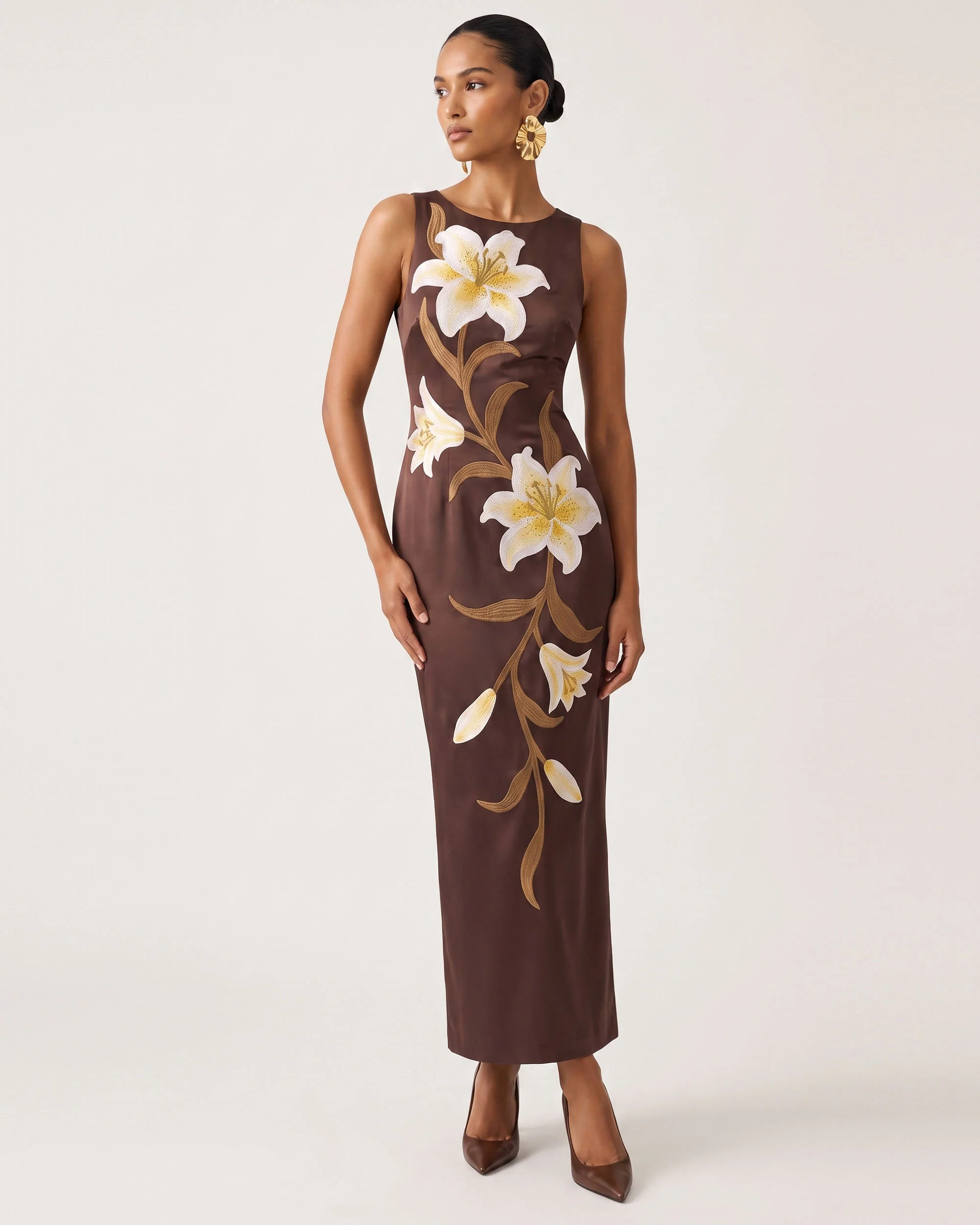 Lily Floral Print Sleeveless Column Maxi Dress - Brown