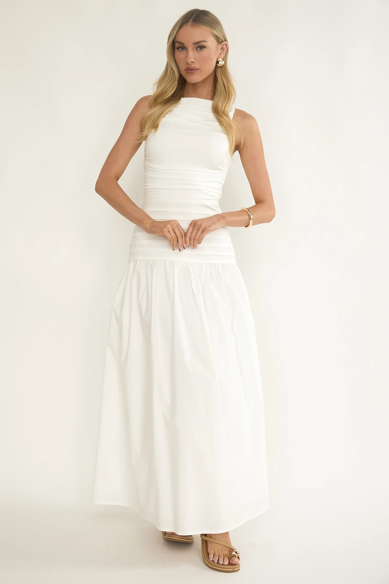 Dalayla Sleeveless Pintuck Maxi Dress White