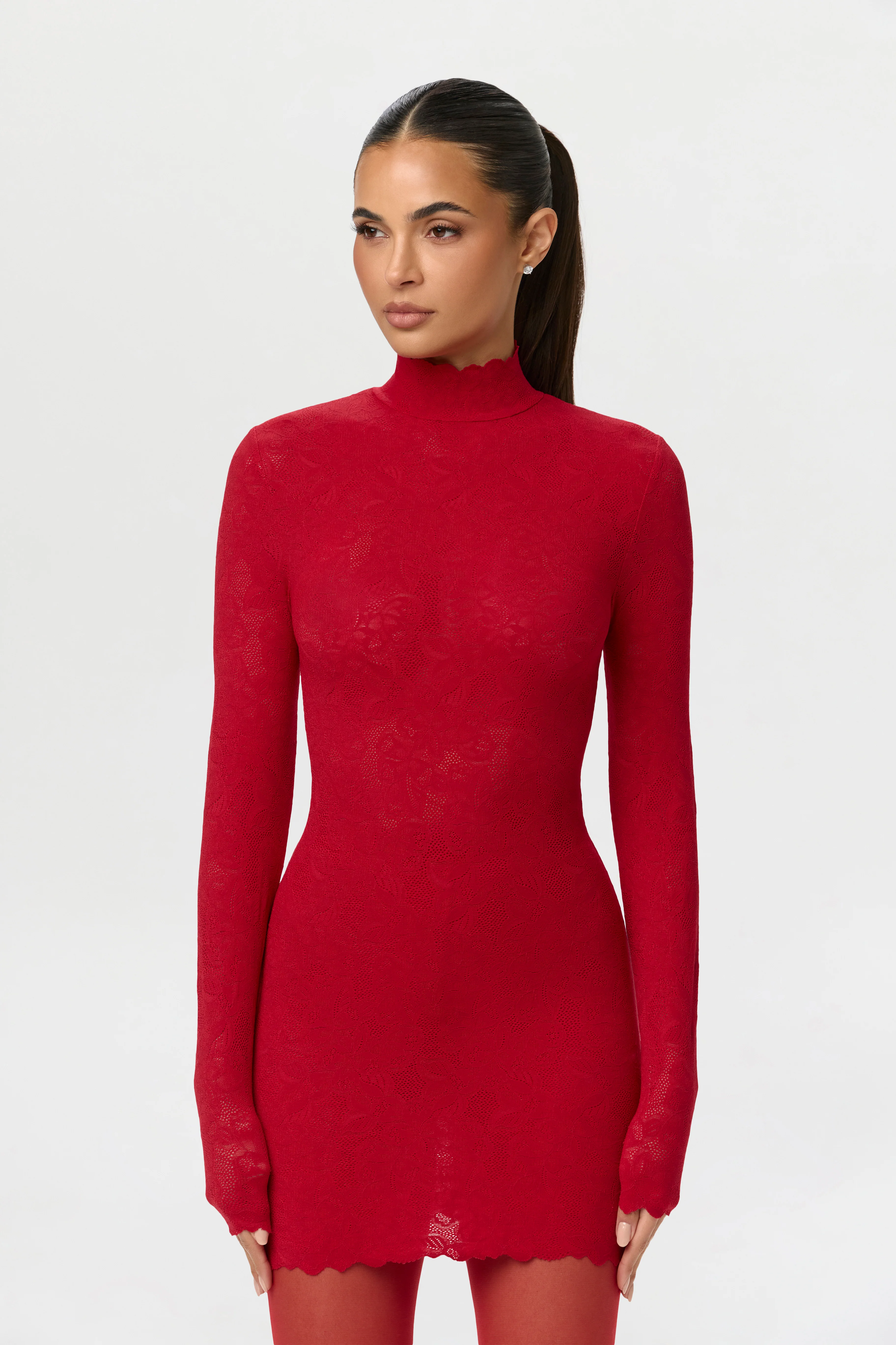 Stretch Lace Scallop Mini Dress