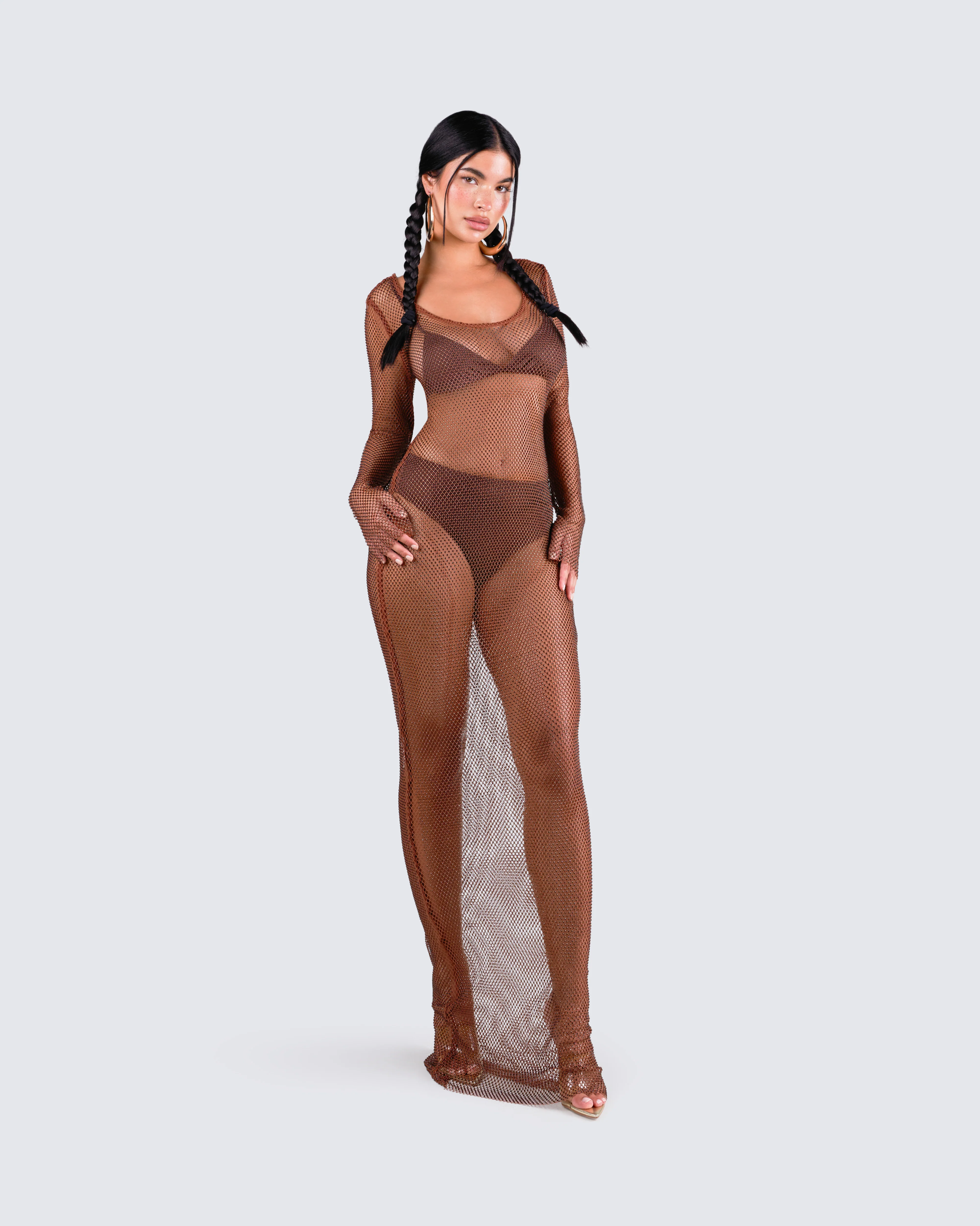 Ewa Brown Rhinestone Maxi Dress