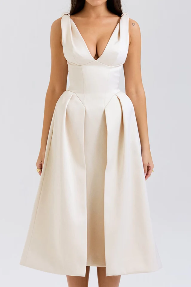 Deep V Neck Cinch Waist Satin Midi Dress
