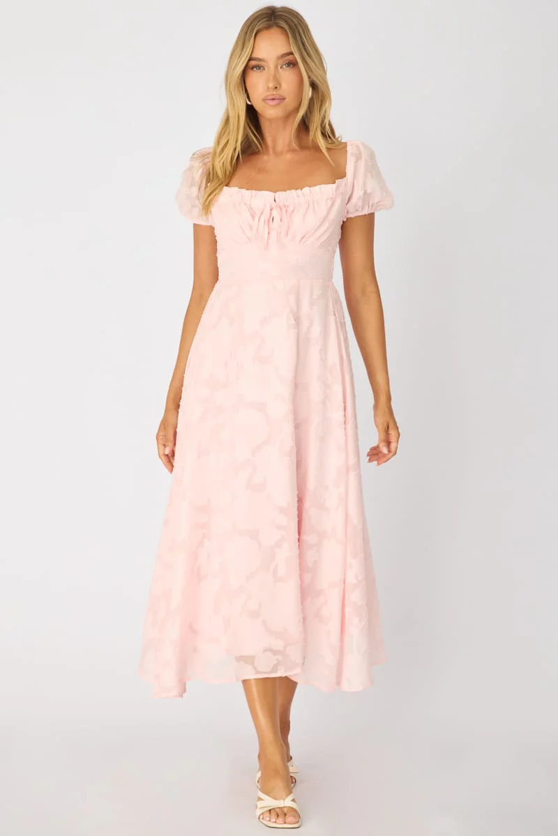 Pink Midi Dress Puff Sleeve