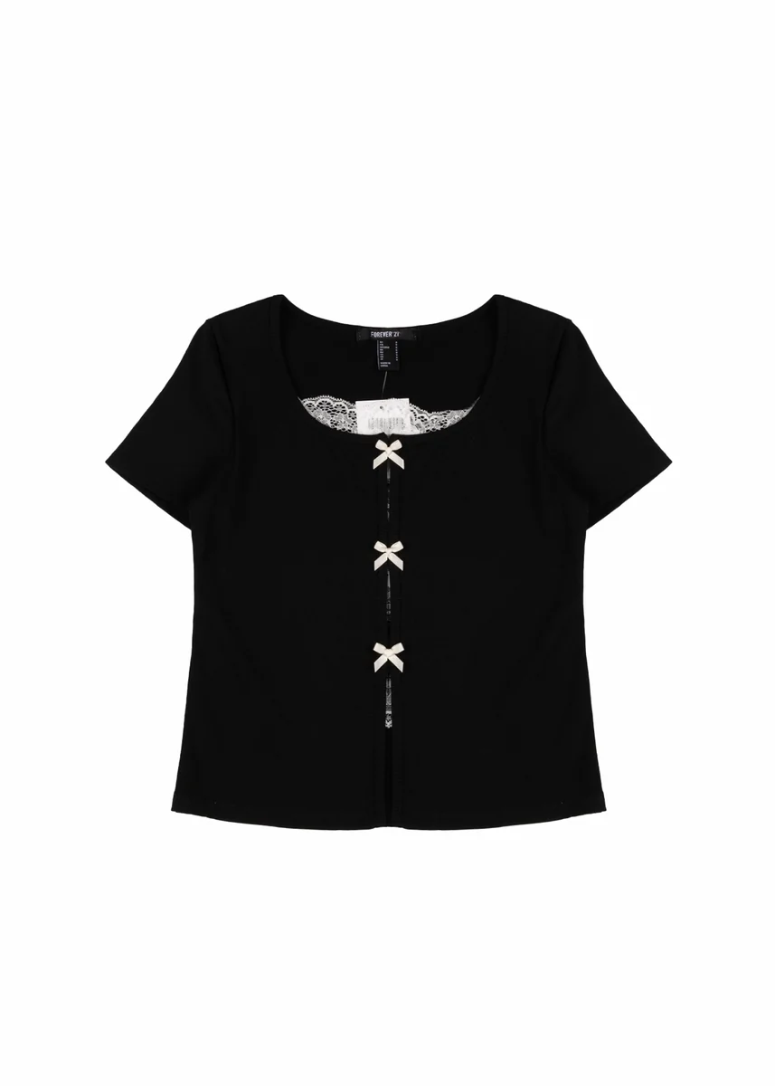 Ribbed Lace-Trim Bow Top