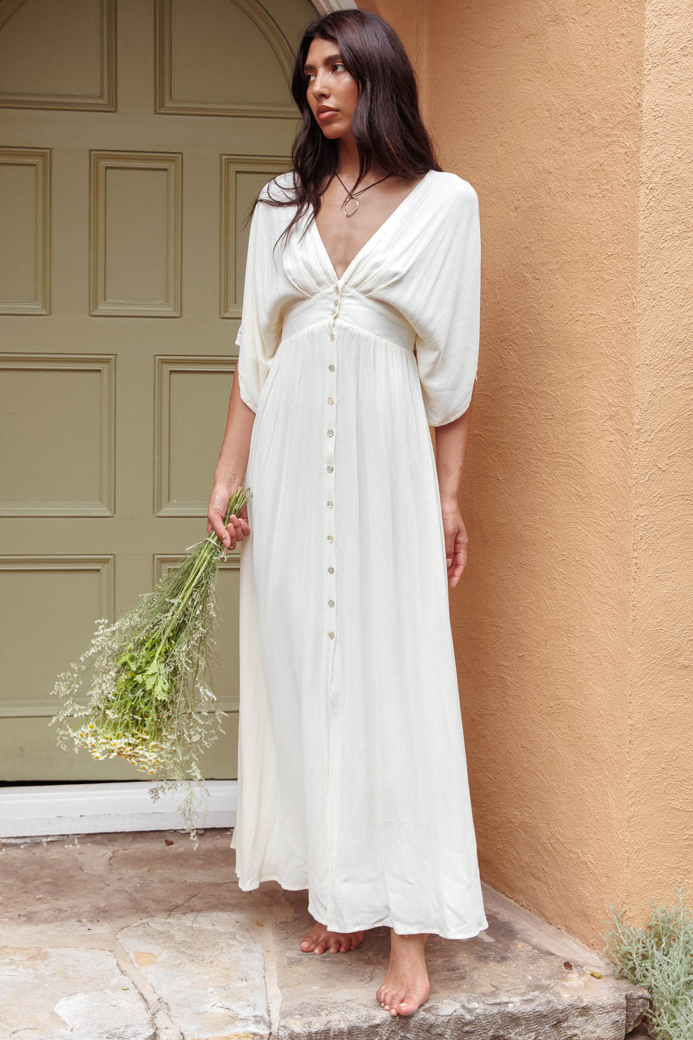 Paradise Found V-Neck Button Maxi Dress Natural - luluinthesky