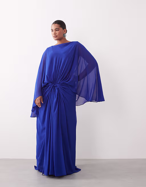 ARRANGE Curve drop waist grecian draped cape sleeve maxi dress in cobalt blue