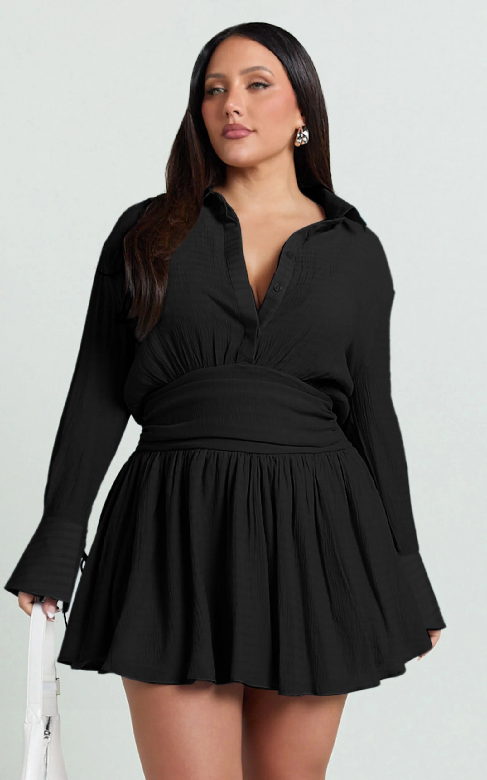 Valerie Mini Dress - Collared Long Sleeve Waist Shirt Dress in Black