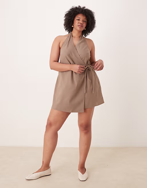 Curve cotton linen blend halter neck wrap mini sundress in ash brown