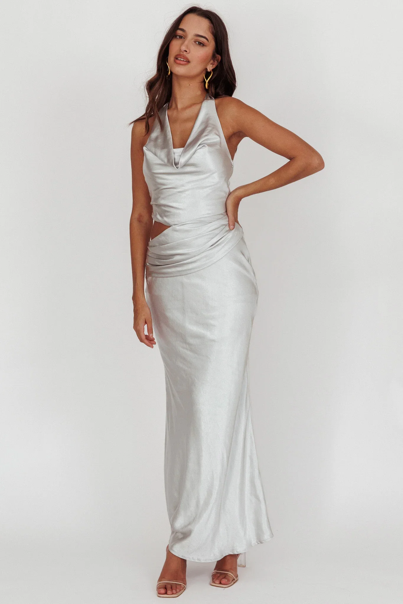 Cassiopeia Cowl Halter Neck Cut Out Maxi Dress Opal