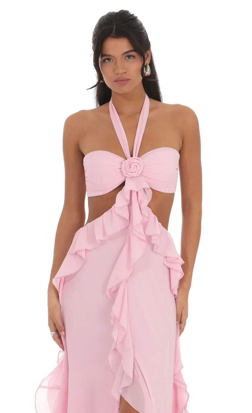 Chiffon Cutout Ruffle Maxi Dress in Pink