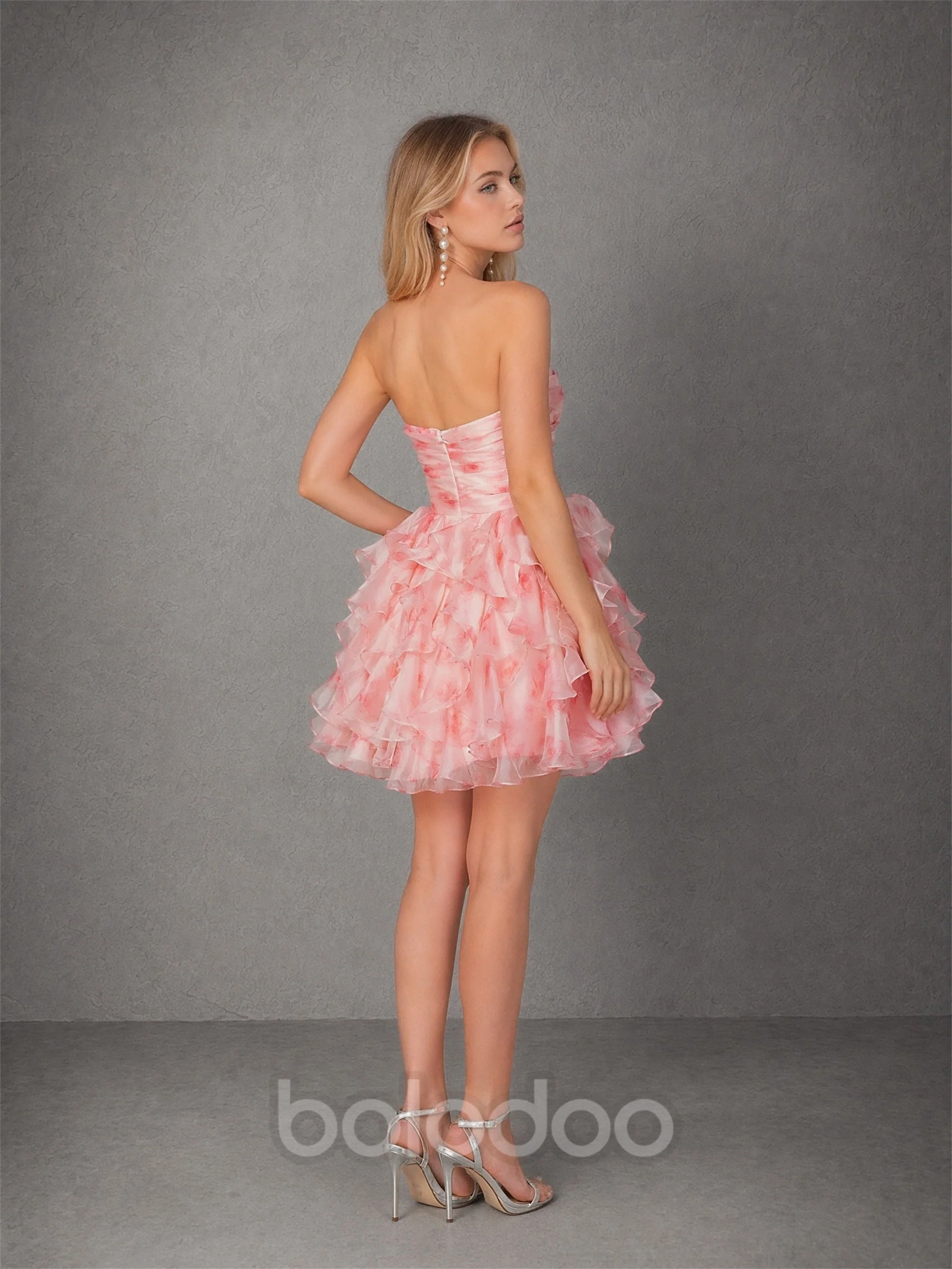 BOLODOO Pink Floral Strapless Organza Ruffle Mini Dress – Sweetheart Keyhole Bow Tiered Bubble Cocktail Dress