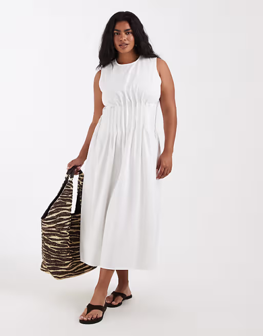 Vero Moda Curve poplin pleated waist sleeveless midi dress in white