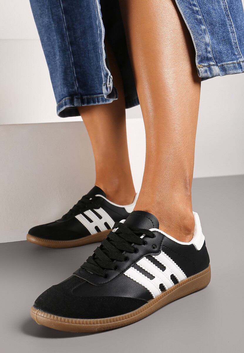 Czarno-Białe Casualowe Sznurowane Sneakersy na Płaskiej Podeszwie z Paskami po Bokach Weiara