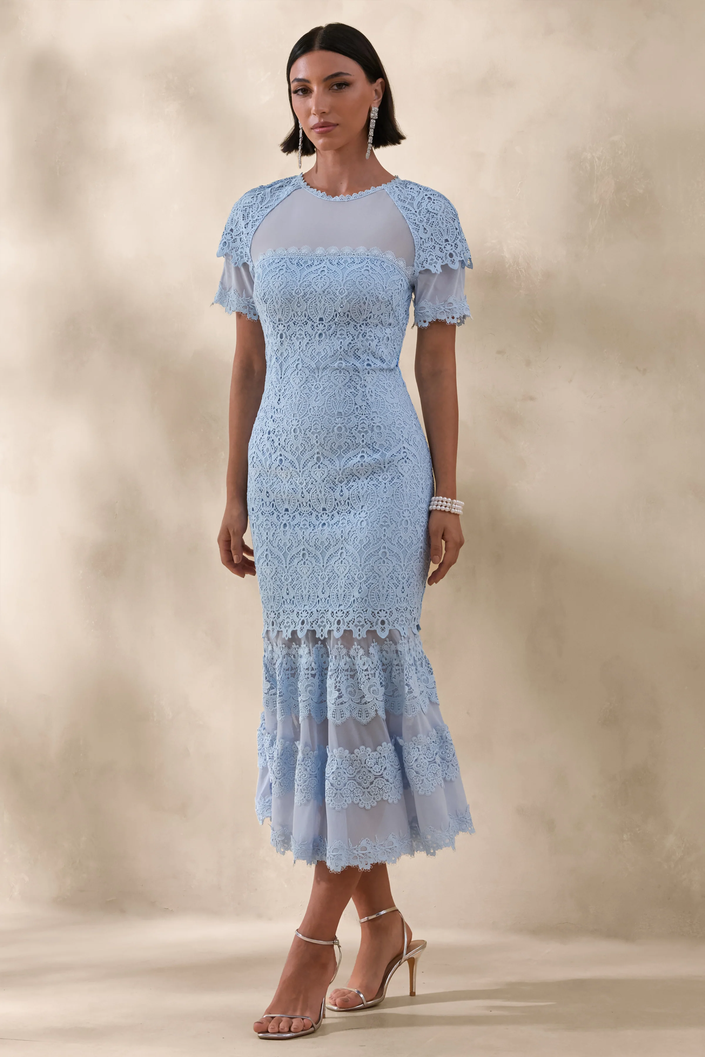 Leanne | Powder Blue Mesh And Lace Crew-Neck Fishtail Midi Dress
